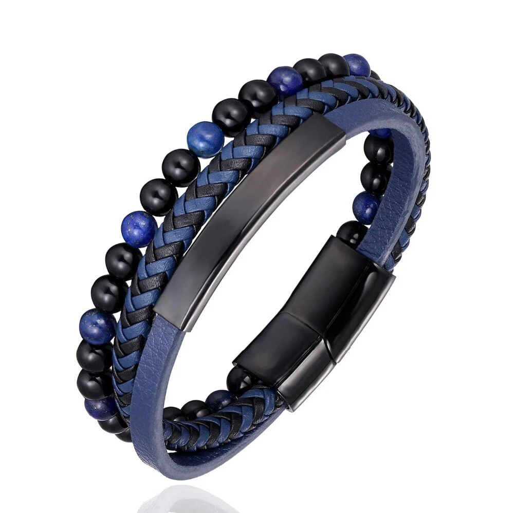 Stainless Steel Stone Beads Bracelet Tiger Stone Bangle Bracelet Stainless Steel Punk Leather Jewelry - Image 3